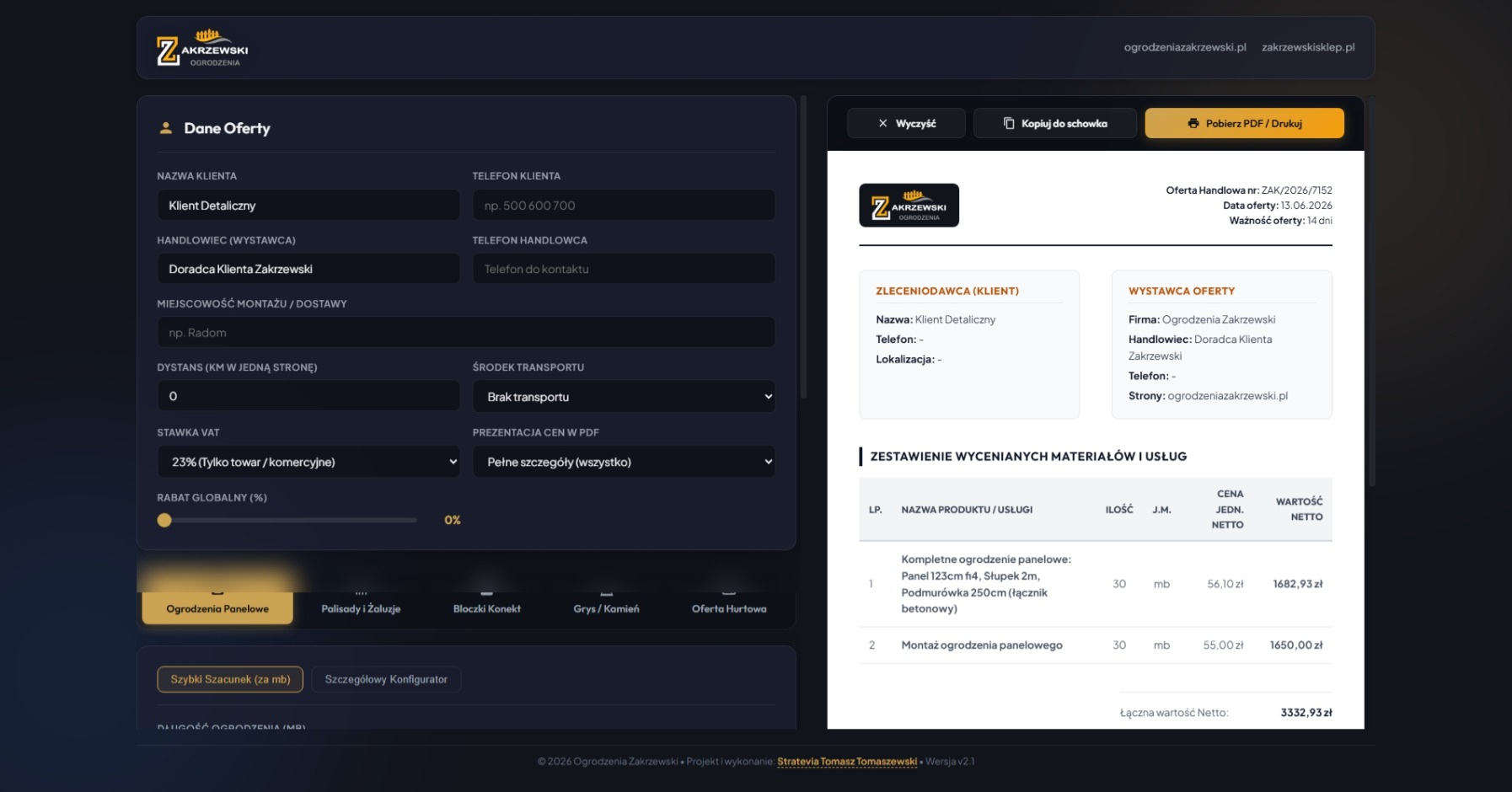 Generator ofert handlowych PDF dla działu sprzedaży Ogrodzenia Zakrzewski