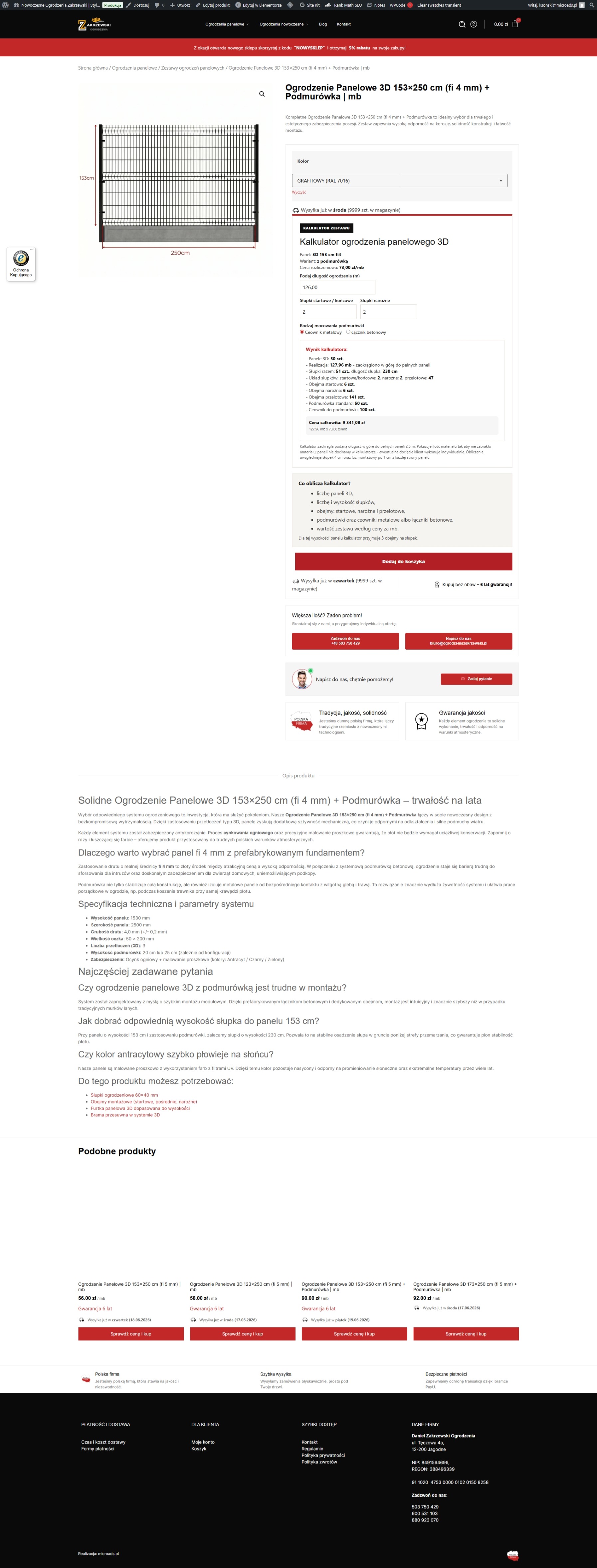 Kalkulator zestawu ogrodzenia w karcie produktu WooCommerce dla Ogrodzenia Zakrzewski